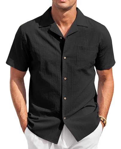 COOFANDY Herren Hemd Kurzarm Leichtes Sommerhemd Einfarbig Leinenhemd Casual Button down Strand Leinen Shirt Schwarz XL