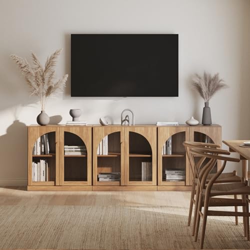 Image of BELLEZE Bijou Set of 3 Modular Sideboard Cabinets (94.5 inch Extra Long) - 6-Door Media Console Sideboard - Modern Arched Glass Buffet Credenza for Large Living Area- Camel