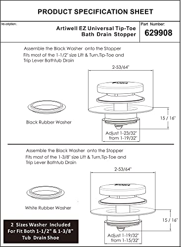 Image of Artiwell Universal Tip Toe Bath Drain Stopper and Cover, Bathtub Drain Stopper, Replaces lift and turn, Tip-Toe and Trip Lever drains for Tub, EZ Installation and Clearing (MATT BLACK)
