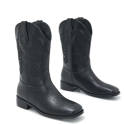 Image of Cowgirl Boots Square Toe Cowboy Boots For Women Ladies Mid Calf Low Heel Flat