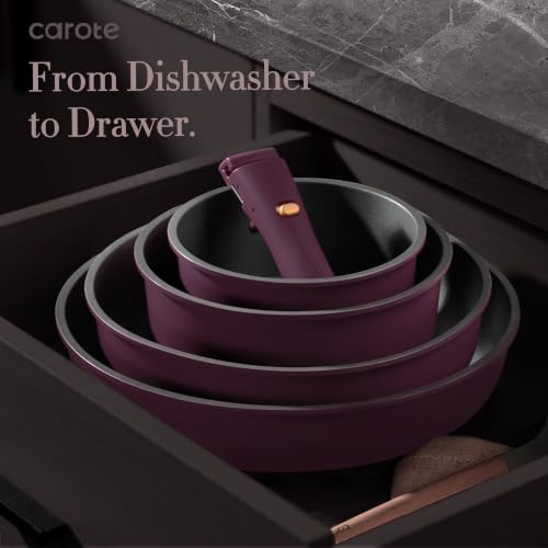 Image of CAROTE 32pcs Pots and Pans Set Non Stick, Detachable Handle Cookware Sets | Bakeware and Kitchen Gadgets, Space Saving, Dishwasher & Oven Safe, Non-Toxic, for Camping /RV /Traveling, Purple
