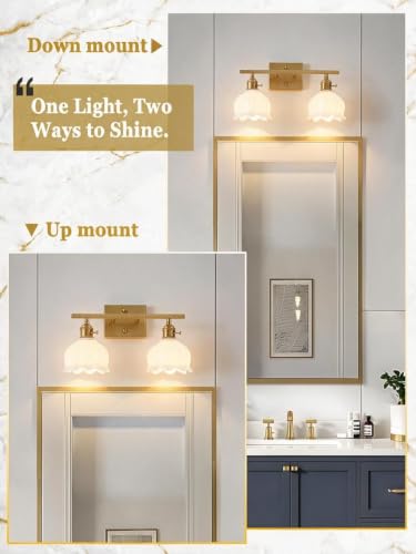 Image of 3-Light Vintage Bathroom Vanity Light, 19.4 inch Brass Hardwired Wall Sconce with Amber Tulip Glass Shades, Brushed Gold Vanity Light for Mirror, Restroom, Bedroom (White, 2-Light)