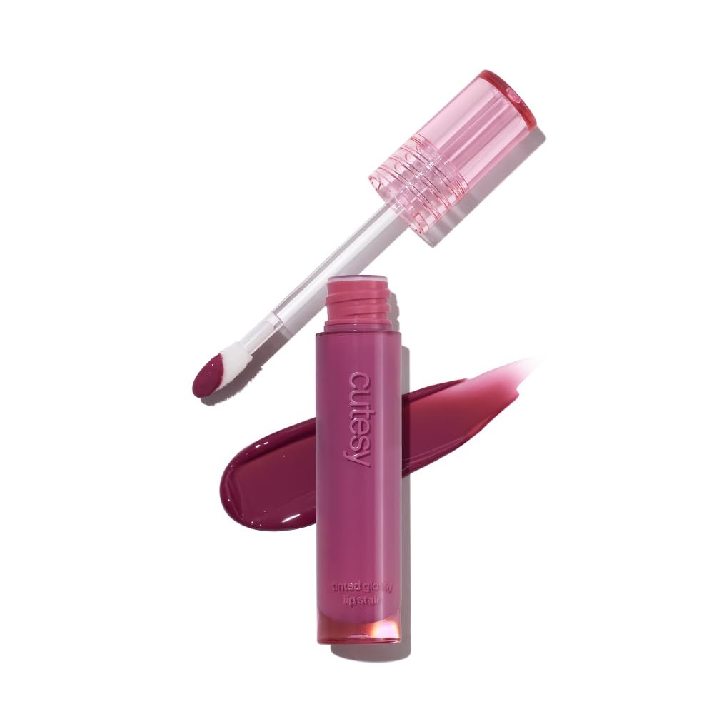 Glossy Lip Stain – Plumping Hydrating Lip Oil Tint with Hyaluronic Acid & Peptide Complex – Non-Sticky High Shine Pigmented Finish – Cutesy (Dusty Pink) 0.11 oz.