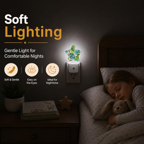 Image of Star Night Light with Dusk to Dawn Sensor, Tropical Palm Leaves Plug in Night Light for Kids Bedroom Nursery, Soft Warm Glow Lamp for Hallway Bathroom Energy Saving
