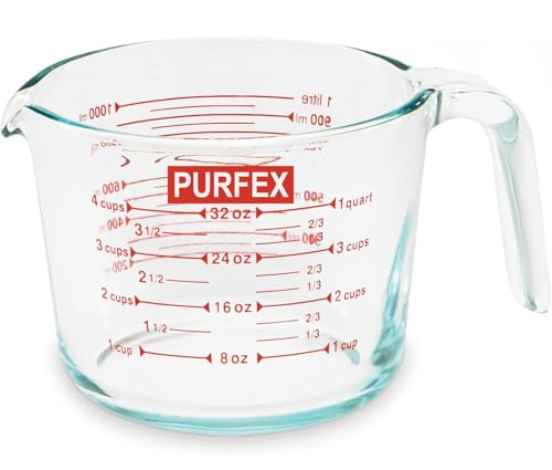 Purfex Glass Measuring Cup 1000ml Transparent Heat-Resistant Liquid Beaker with Easy-to-Read Markings for Cooking Baking Mixing Coffee Tea and Microwave-Safe Home Kitchen Use