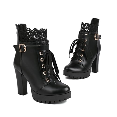 Image of FOREADA Goth Boots Chunky Heel Boot For Women Ankle Combat Booties Black Platform Bootie Buckle Rivets Punk Goth Shoes With Zipper