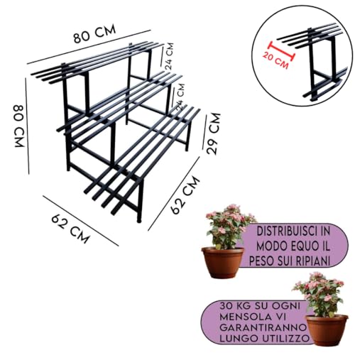 Maka Porta Piante Da Interno Ed Esterno, Piedistallo Per Piante, Fioriera Da Esterno In Metallo, Porta Vasi Da Balcone, Portafiori In Ferro, Portata Max 30 Kg, Piedini Regolabili (3 Ripiani 80Cm) - 3