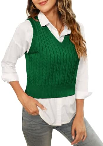 HOCOSIT Women's Knited V-Neck Vest Argyle Plaid Preppy Style Sleeveless Pullover Crop Sweater Vest Green Large