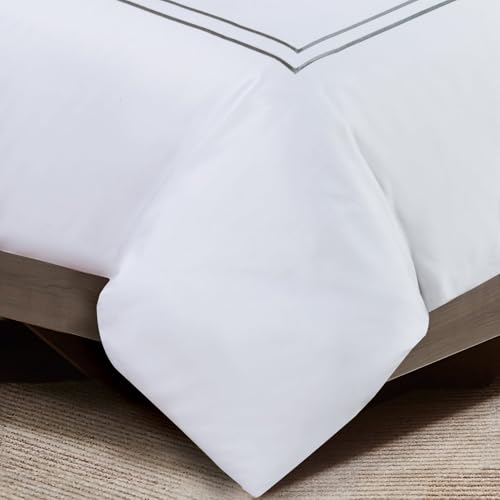 Majestic Giftware Madison Linen 8-Piece Twin Size Bedding Set (BL50-T-2) | Flora Hotel Collection-White-Gray 400 Thread Count Cotton Sateen | 2 Fitted Sheets, 2 Duvets, 4 Pillowcases