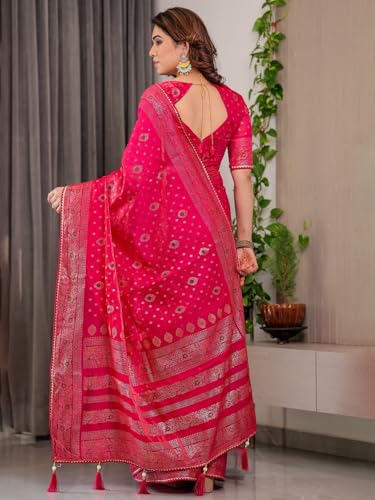 Image of ALMAARI FASHION Fendy Satin Foil Print Floral Saree with Tassels, Traditional Butti Motifs, 5.5m with 0.8m Blouse (FOIL 102 PINK H)
