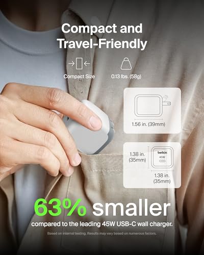 Image of Belkin Compact Wall Charger 45W, USB-C PD Fast Charging, USB-C Cable Included, Apple iPhone 17, 16 Series, Samsung Galaxy S26, S25 Series, Pixel 10, MacBook, iPad, AirPods, & More - White (2-Pack)