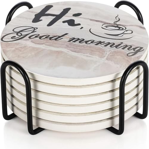 Funny Phrase Drink Coasters Absorbent with Holder,Funny Slogan Coasters for Drinks Set of 6,4 Inches Table Office Drink Coasters for Housewarming Gifts Home Bar