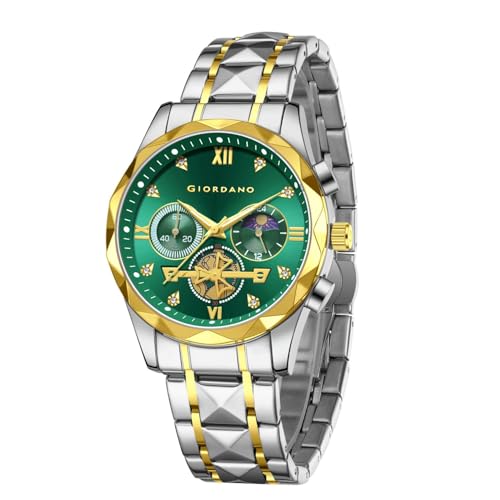 Image of Giordano Chronograph Analog Quartz Watch for Men with Round Dial, Multifunction Subdials, Sun Moon Display, Crystal Hour Markers, Roman Numerals, Stainless Steel Strap - GZ-50236