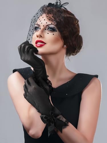 Bencailor Women Lace Gloves Tea Party Wedding Short Bow Sheer Gloves Evening Elegant Accessories for Sun Protection Funeral2