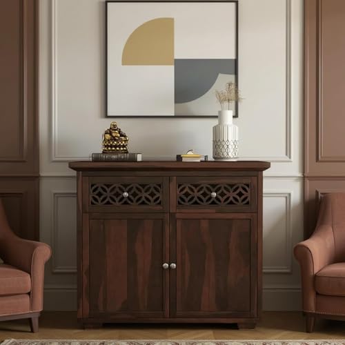 Image of Amazon Brand - Solimo Solid Sheesham Wood Malta Sideboard Cabinet with 2 Drawer and 2 Door Storage for Bedroom, Living Room, Home and Office (Walnut Finish)