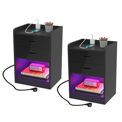 PIPIPOXER nachttisch 2er Set Nachttisch Schwarz mit 2 Schubladen, Nachttisch LED mit 2 AC-Steckdosen, 2 USB-Anschlüsse, Nachtschrank Hochglanz Beistelltisch für Wohnzimmer, Schlafzimmer, 40x35x65cm
