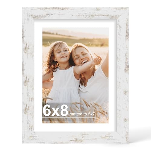 Hongkee 6x8 Picture Frame with Glass Display Pictures 5x7 with Mat or 6 x 8 without Mat - Wall and Tabletop 6 by 8 Photo Wooden Frames (Distressed White 1 Pack)
