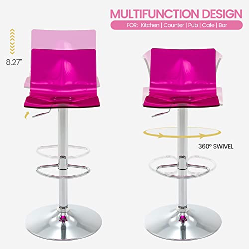 Brage Living Acrylic Bar Stools With Mid Back, Set Of 2, Transparent Adjustable Swivel Airlift Barstools, Counter Height Bar Chairs For Kitchen Dining Room Pub Cafe (Fuchsia) #TOP3