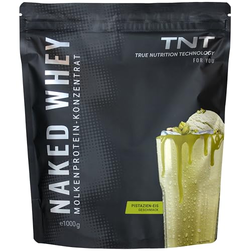 TNT Naked Whey Protein Pulver (1kg) • Eiweißpulver mit Laktase für Protein Shake, Backen & Kochen • Tolle Löslichkeit & leckerer Geschmack • Proteinpulver (Pistazien–Eis)