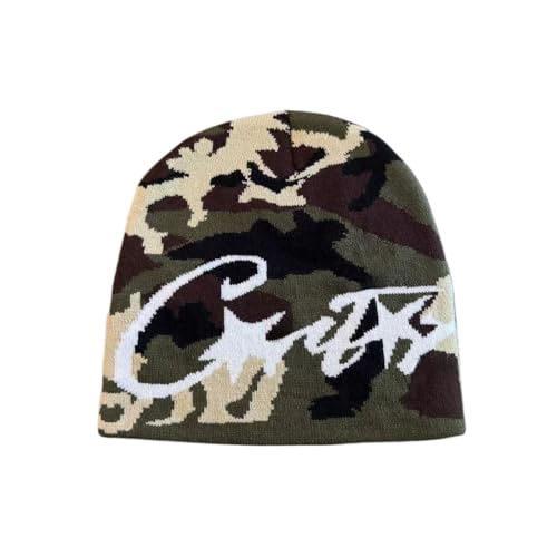 Y2k Beanie Women Men 90s Camo Graphic Beanies Emo Cute Knit Hat Streetwear 2000s Grunge Accessories (Green)