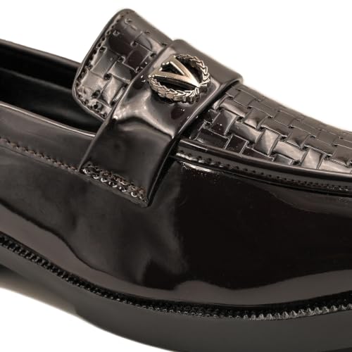 Image of Men's Glossy Loafers | Synthetic Leather | Formal Slip-On Shoes for Men | Woven Texture Patent Finish | Cushioned Comfort | Office, Party & Wedding | Black - Multicolour