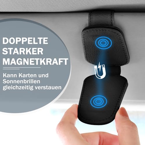 MOKHT Brillenhalter für Auto, Leder Sonnenbrillenhalter Auto, Magnetische Brillenständer für Auto Sonnenblende, Sonnenbrillen Halterung Auto für Brille Karte Ticket - Schwarz