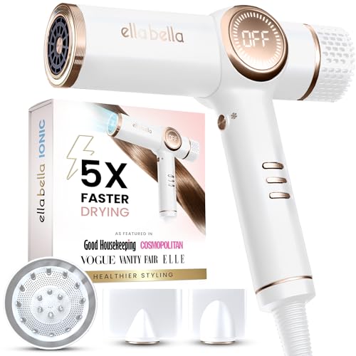 ELLA BELLA Professional Ionic Hair Dryer with Diffuser Negative Ion Blow Dryer Suitable All Hair Types Intelligent Heat Control & Rapid Drying Speeds Lightweight Design Low Noise Technology