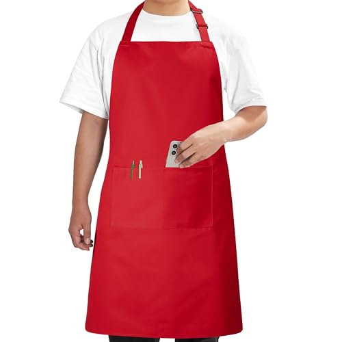 Syntus Chef Apron for Men Women Kitchen Cooking Apron with Pockets Adjustable Bib Aprons Stain Resistant 1 Pack Red