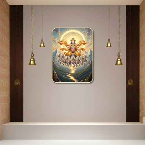 Image of SAF Divine Surya Dev Wall Art with Table Top Stand & Wall Hanging Hole | Premium MDF Sun God 7 Horses Vastu Painting for Living Room Office Home Decor Gift