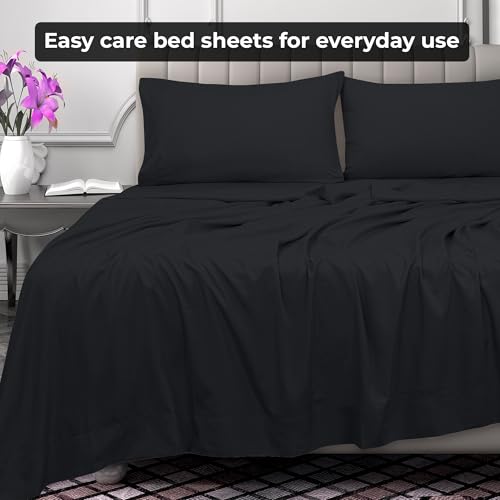 Image of Royale Linens Queen Flat Sheet - Ultra Soft Brushed 1800 Microfiber Flat Sheets Only - Wrinkle Free & Stain Resistant - Hotel Quality Top Sheet for Bed (Queen, Black)