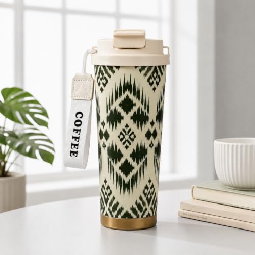 Image of STARFLYER Double Coffee Cup with Travel Strap 316 Stainless Steel Double-Layer Insulated Vacuum Bottle with Straw-500ml (Green)