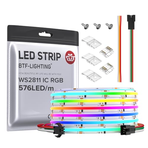 BTF-LIGHTING FCOB WS2811 IC RGB COB LED Strip DC12V 576LED/m 16.4FT Flexible High Density Color Chasing Uniform Light 16IC/m 10mm Width for Indoor Lighting Project(No Adapter or Controller)