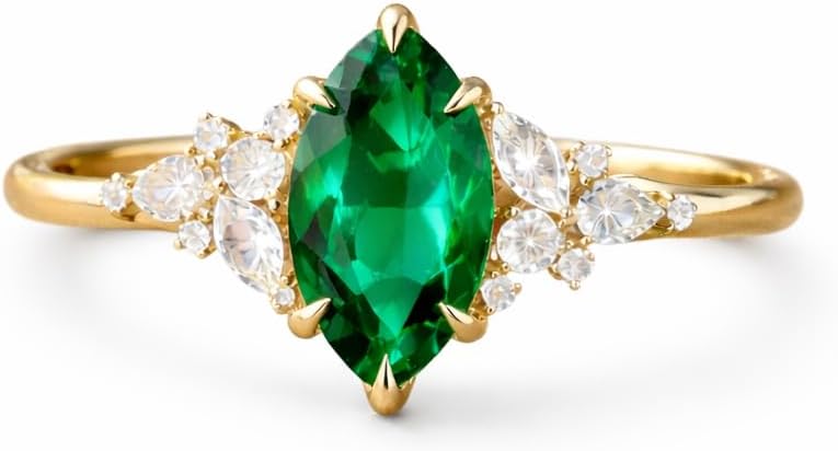 Marquise Cut Green Emerald Engagement Ring for Women 14K Yellow Gold Vintage Gemstone Ring with White Diamond Accents Nature Inspired Bridal Promise Jewelry Gift