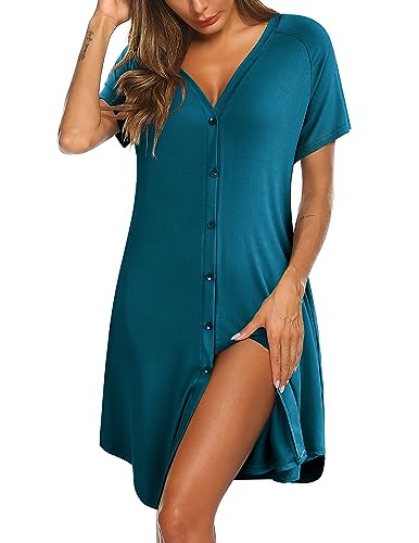 Image of Ekouaer Women's Button Down Nightgown Short Sleeve Sleepshirt V Neck Night Shirt Soft Pajamas Dress with Pockets