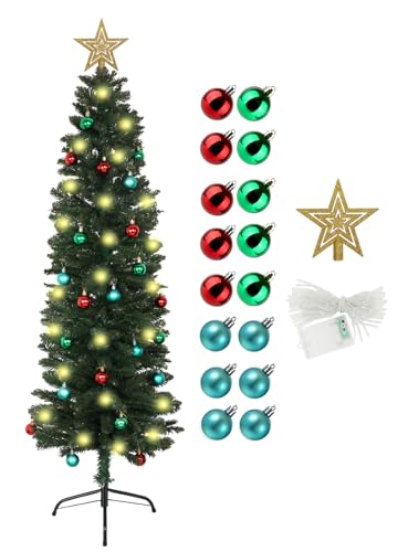 XmasExp Green Skinny Pencil Christmas Tree, 5ft Artificial Slim Thin Christmas Tree with Warm LED Lights String 8 Lighting Modes and Christmas Ball Onaments