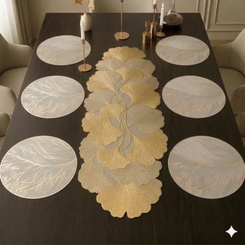 Image of Dakshya Industries Dining Table Mats Round PVC Set | 6 Waterproof Placemats (38 x 38 cm) + 1 Table Runner (91 x 33 cm) | Heat Resistant, Kitchen Decor (Prestique)
