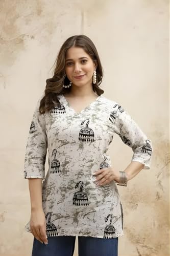 Image of Women's Cotton Printed Short Kurti, Round Neck, Three Quarter Sleeve, Straight Fit, Pack of 2