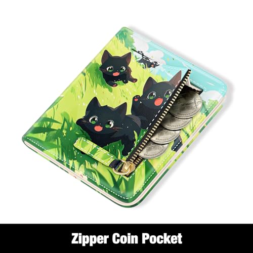 Rouidr Womens Wallet, RFID Small Slim Wallet for Women, Cute Bifold Leather Pocket Credit Card Holder Ladies Mini Purse with Zipper Coin Pocket & ID Window, Green Grass Cat4