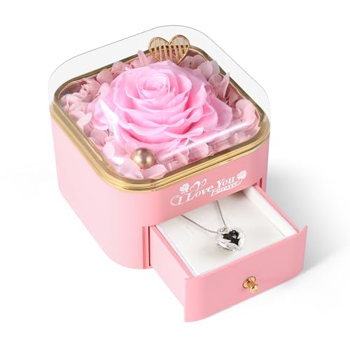 Mikasol Eterna Rosa Fatta a Mano con Scatola Gioielli - Regalo Romantico per Compleanno, Anniversario, San Valentino e Festa della Mamma, Rosa (11.7x11.4x10.4 cm)