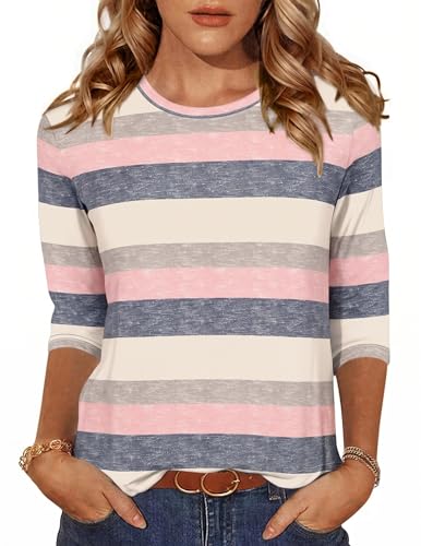 Image of Zeagoo Women Tops 3/4 Sleeve Blouses Casual Crew Neck T Shirts Summer Stripe L