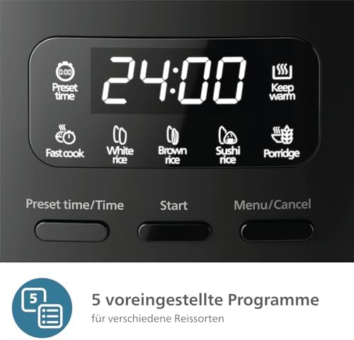 Bild 2 - Philips Mini-Reiskocher 3000-Serie – 0,54 l, 5-lagige Bakuhanseki-Beschichtung, 30-Min.-Schnellkochmodus, 5 Kochfunktionen, Schwarz (HD3080/80)