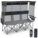 Teenyyou 3 Person Camping Chair with Canopy Shade, Heavy Duty Folding Triple Camp Loveseat with Cooler Cup Holders Bag, Mesh Back Oxford Fabric Black Gray for Outdoor Beach Fishing Backyard Travel