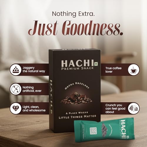 Image of HACHI Healthy Mocha Hazelnut Granola | Pack of 4 (35 g Each) | Crunchy Granola with Rolled Oats, Hazelnuts, Coffee & Jaggery | Nutritious Snack for Travel, Tiffin & Office