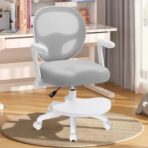 HOFFREE Silla de escritorio ergonómica para niños, con reposabrazos plegable y reposapiés, giratoria, adecuada para niñas y niños, silla de mesa de malla para dormitorio, libros, gris