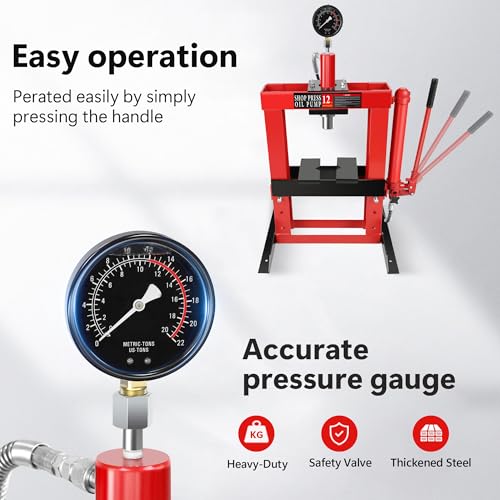 Hydraulic Shop Press, 12Ton H-Frame Garage Shop Benchtop Press with Pressure Gauge & Press Plates, Adjustable Working Table Height Used for Pressing, Bending, and Straightening, Red