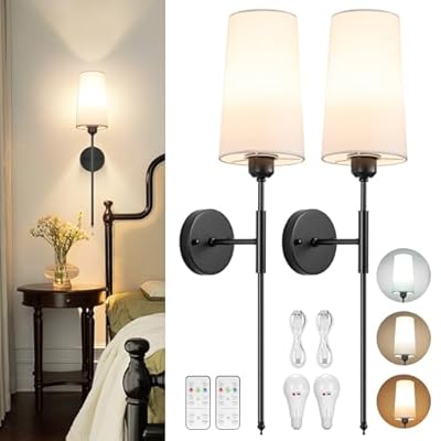 Battery Operated Wall Sconce Set of 2, Rechargeable Wall Sconce With Remote Dimmable Wireless Battery Powered Wall Lamp Decor Fixture For Bedroom Living Room White Fabric Shade Included Bulbs