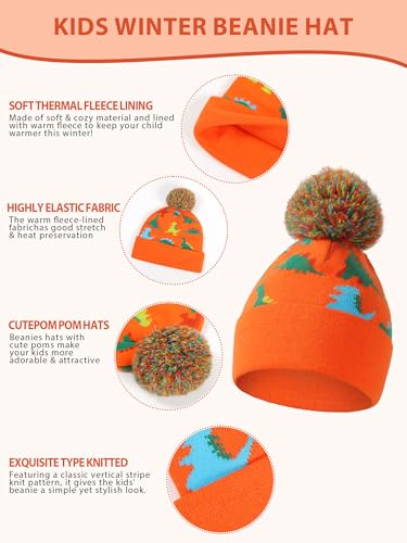 Image of NATUST Kids Winter Hat Gloves Scarf 3 Piece Set Stocking Caps Toddlers Dinosaur Pom Pom Beanie Children Knitted Warm Set