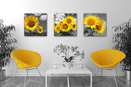 Yatehui Sunflower Wall Art Yellow Flowers Canvas Prints 3 Pieces Home Decor Modern Black And White Floral Pictures For Bathroom Ready To Hang 12 X 12 Inches #TOP1