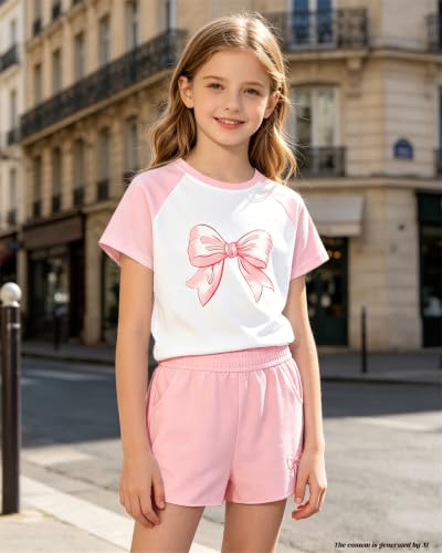Image of Bestuline Girls Summer 2 Piece Outfits,Basic Short Sleeve Top & Shorts Set with Side Pockets,4-14Y