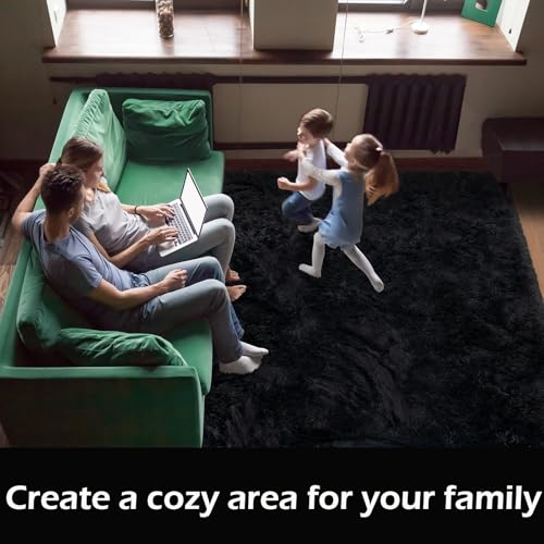 HOMORE 9x12 Living Room Rug, Black Rugs for Bedroom Fluffy Large Rug for Kids Playroom Classroom, Modern Shaggy Rugs and Carpets for Farmhouse Dining Room Decor